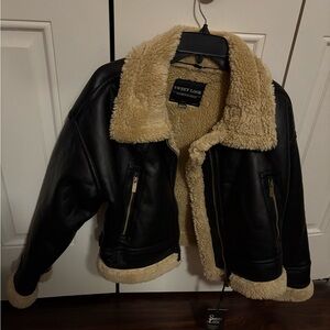 Black and Cream Shearling faux Leather Jacket